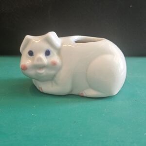Mini Pig Ceramic Planter White with Blue Eyes Pink Accents Vintage Whimsical